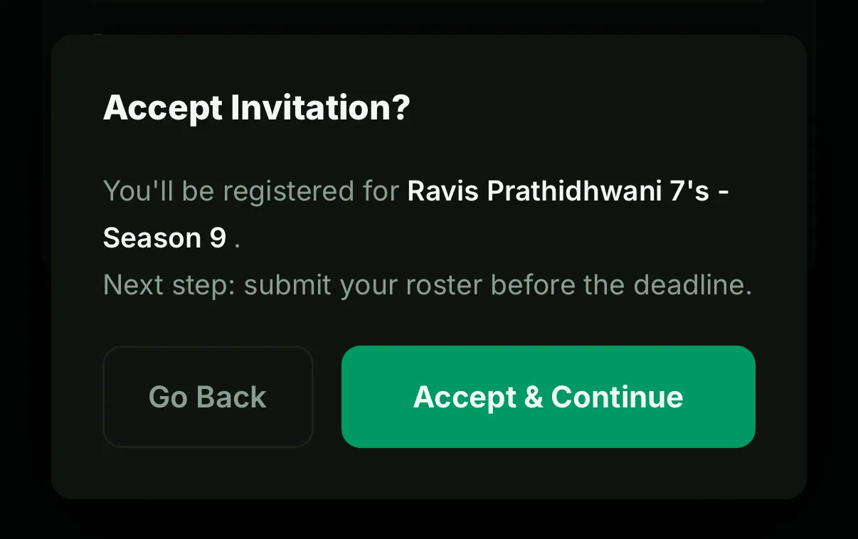 Accept Invitation dialog with Go Back and Accept and Continue buttons