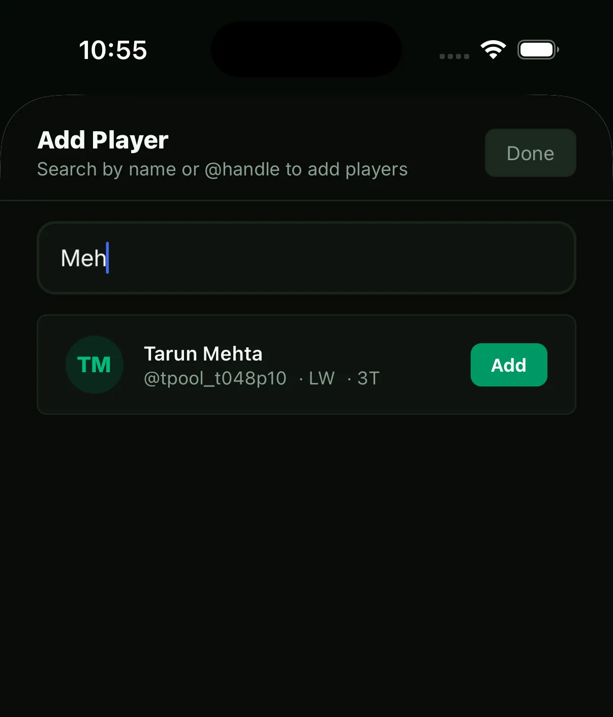 Add Player sheet searching players by name or playm-id