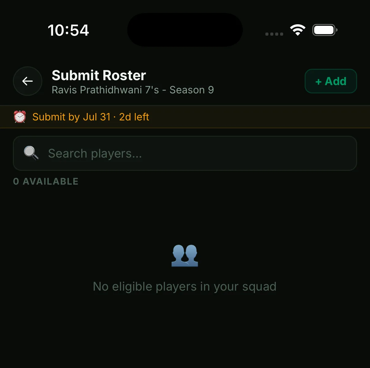 Submit Roster screen showing an empty squad