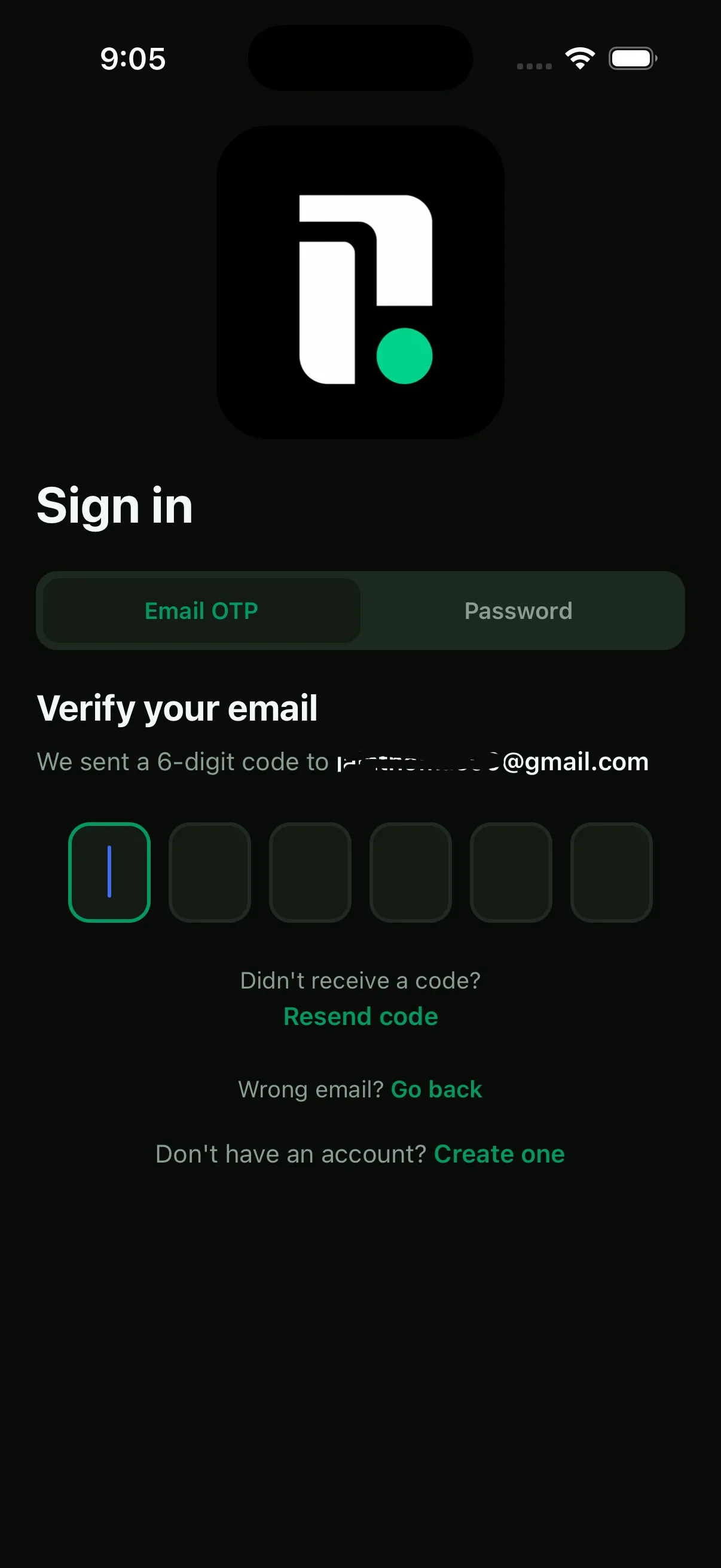 Verify your email screen with the 6-digit code input