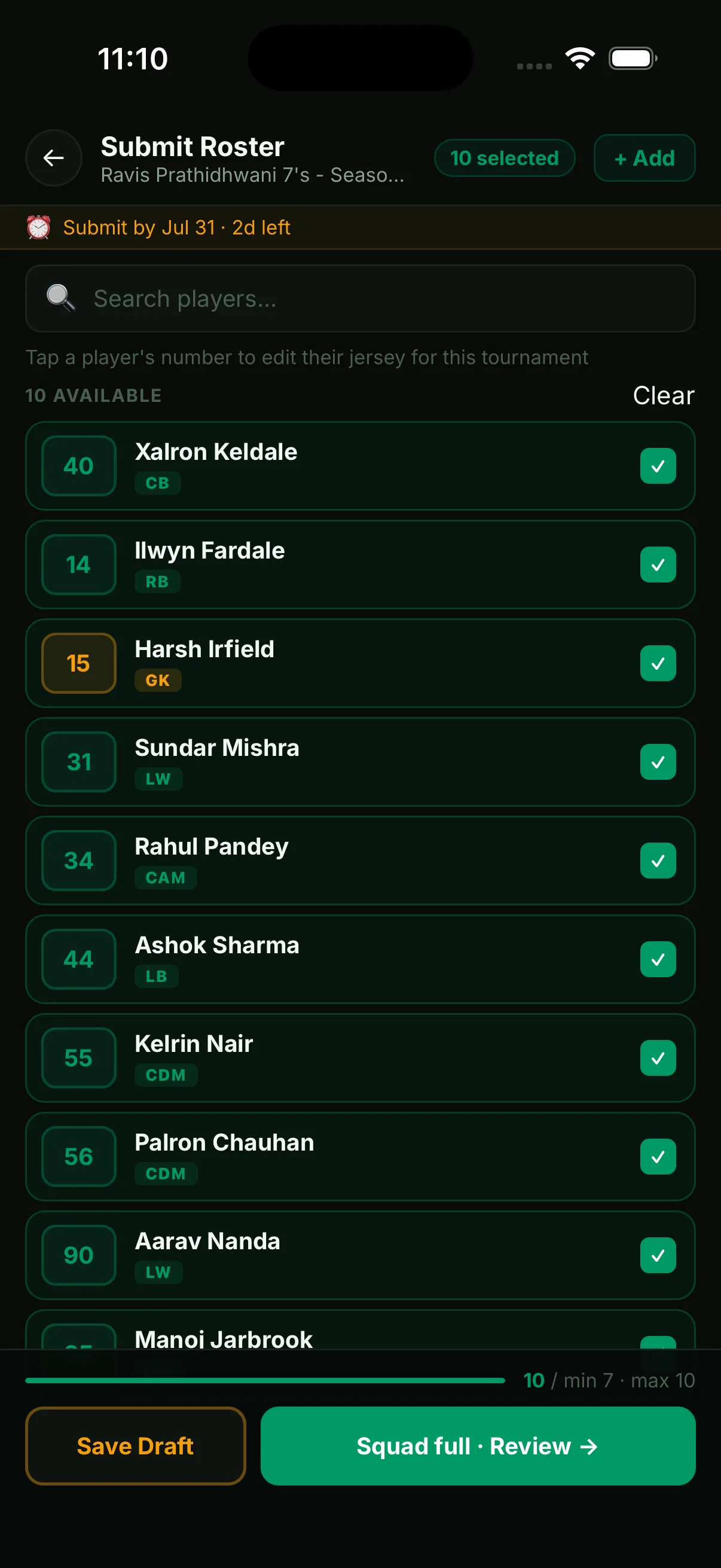 Roster selection screen with ten players selected