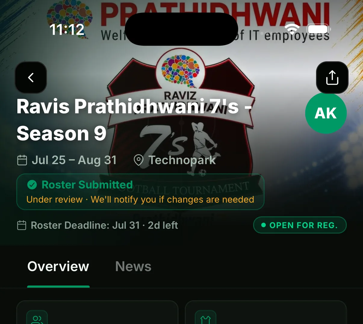 Tournament page showing Roster Submitted under review