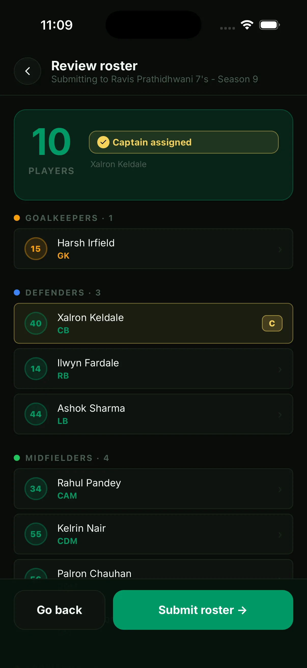 Review roster screen grouped by position with captain assigned
