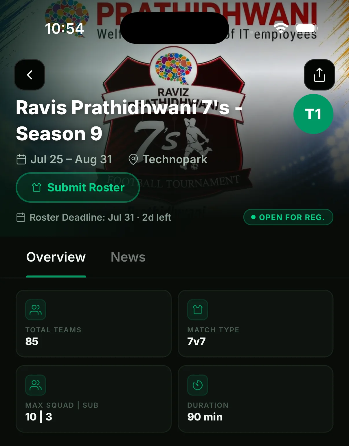 Tournament page with the Submit Roster button and roster deadline