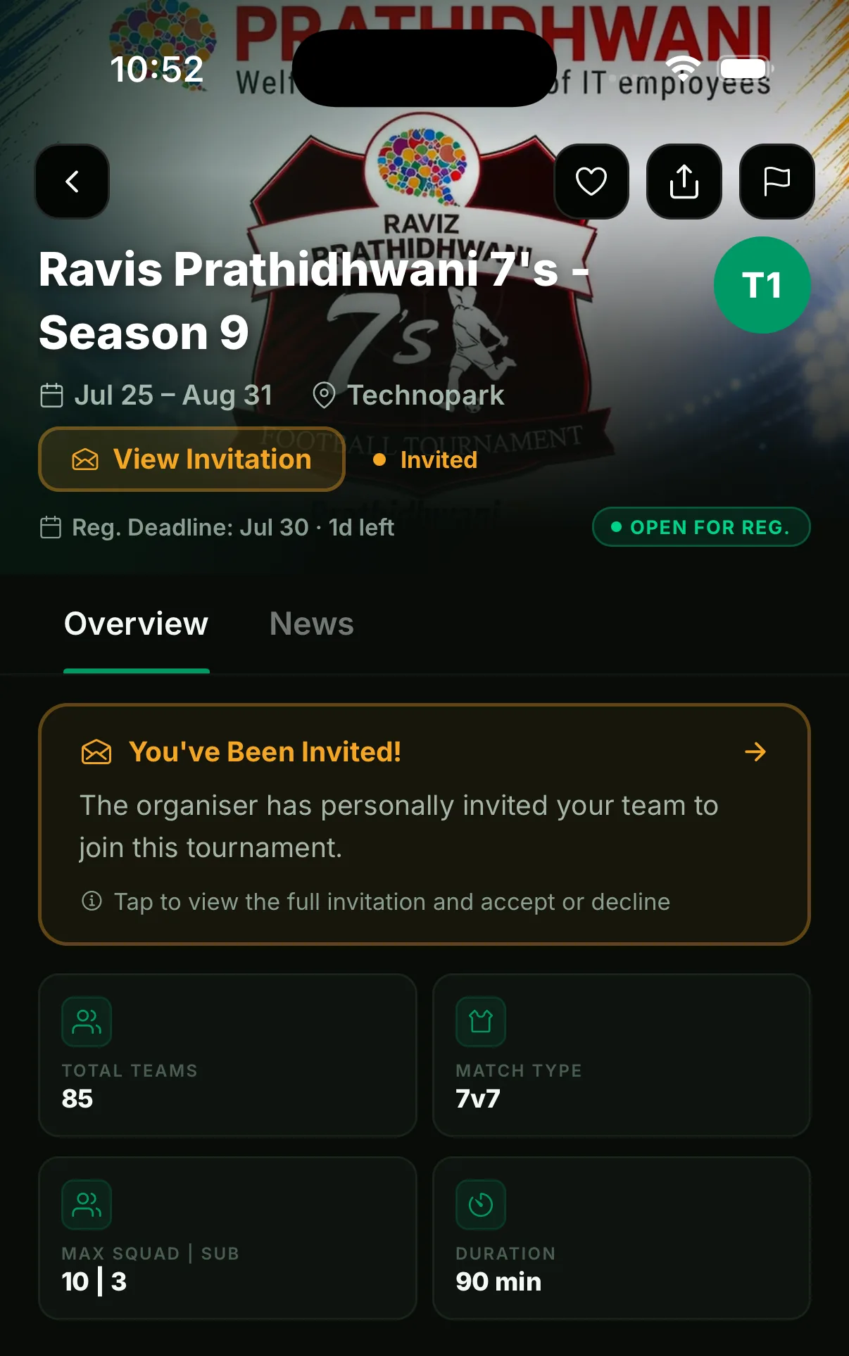 Tournament details page with a You’ve Been Invited banner